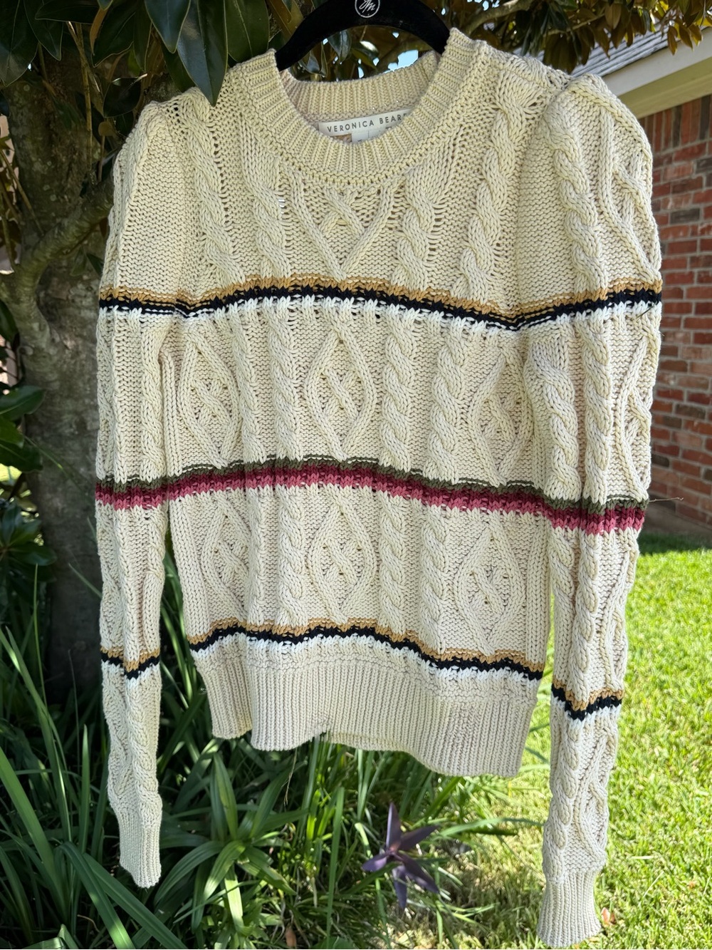 Veronica Beard Cable Knit Sweater XS Cream Stripe Cotton Blend Pullover